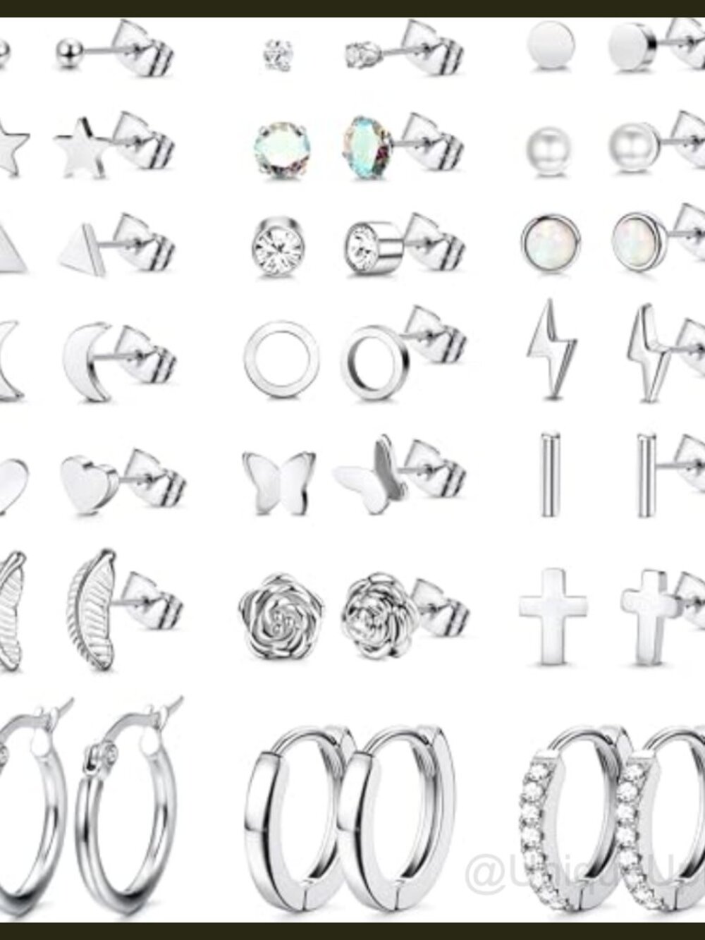 Stainless Steel Stud & Hoop Earrings Set 21 Pairs Silver Plated Hypoallergenic